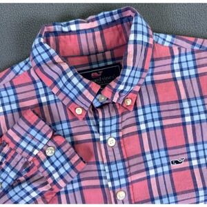 Vineyard Vines Shirt Boys Youth Large Pink Blue Plaid Whale Beach Prep Coastal